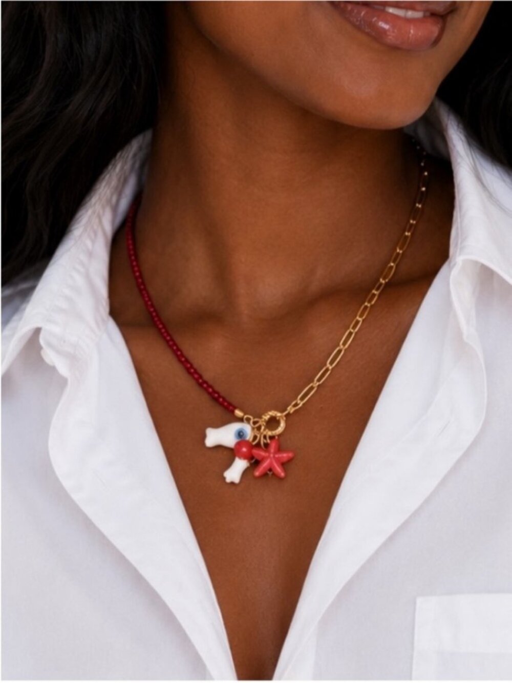 New! Coastal Red Beaded Mixed Chain Fish Necklace NWOT 3004